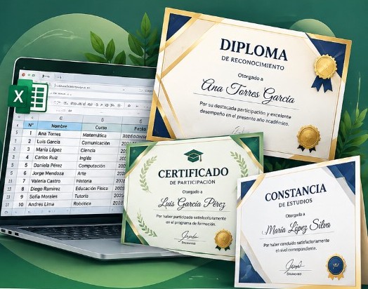 Laptop con Excel y diplomas, certificados y constancias personalizados